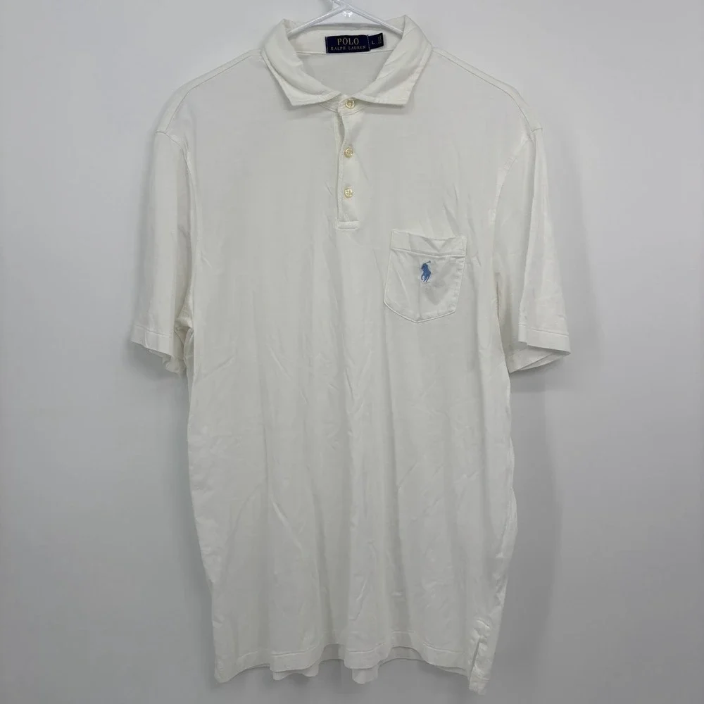 Polo Ralph Lauren White Short Sleeve Polo Shirt Mens Size Large Blue Pony Logo